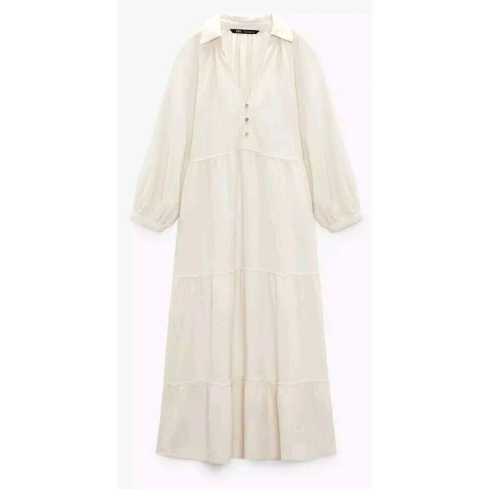 ZARA LINEN-BLEND PANELLED MIDI DRESS 8741/062 CREAM  Medium - Picture 3 of 7